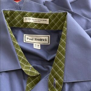 Paul Fredrick Blue Shirt with Olive Plaid Trim